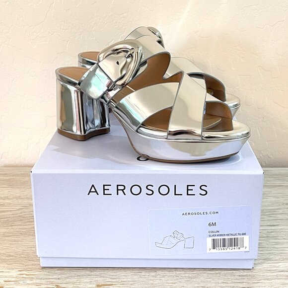 New Aerosoles Sandals Platform Heels 6 Collin Mirrored Silver Slides in Box - Picture 2 of 12